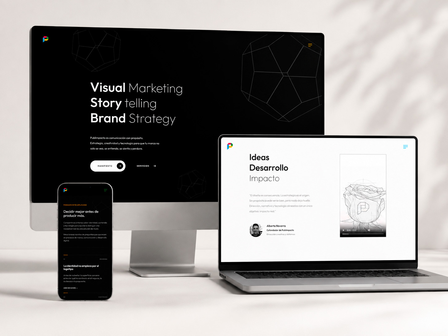 Diseño responsive de Publimpacto aplicado a escritorio, portátil y móvil