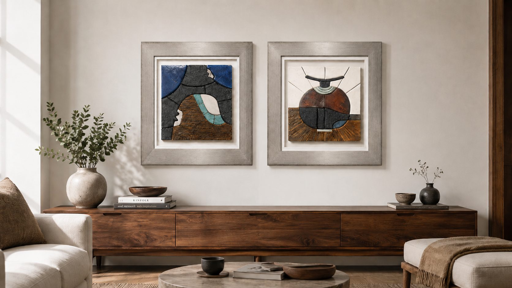 Obras cerámicas de Suko presentadas en un interior cálido